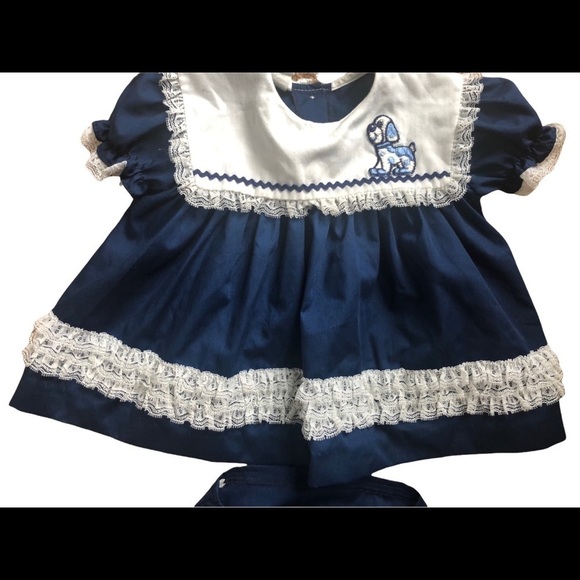 VTG Mini World 2PC Baby Girl Dress/Lace Panty Set Navy White Puppy Bow 9-12MO - Picture 3 of 7